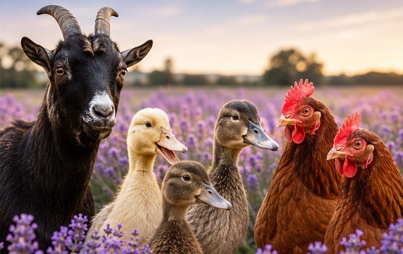 Goat, ducks and hens among the lavender